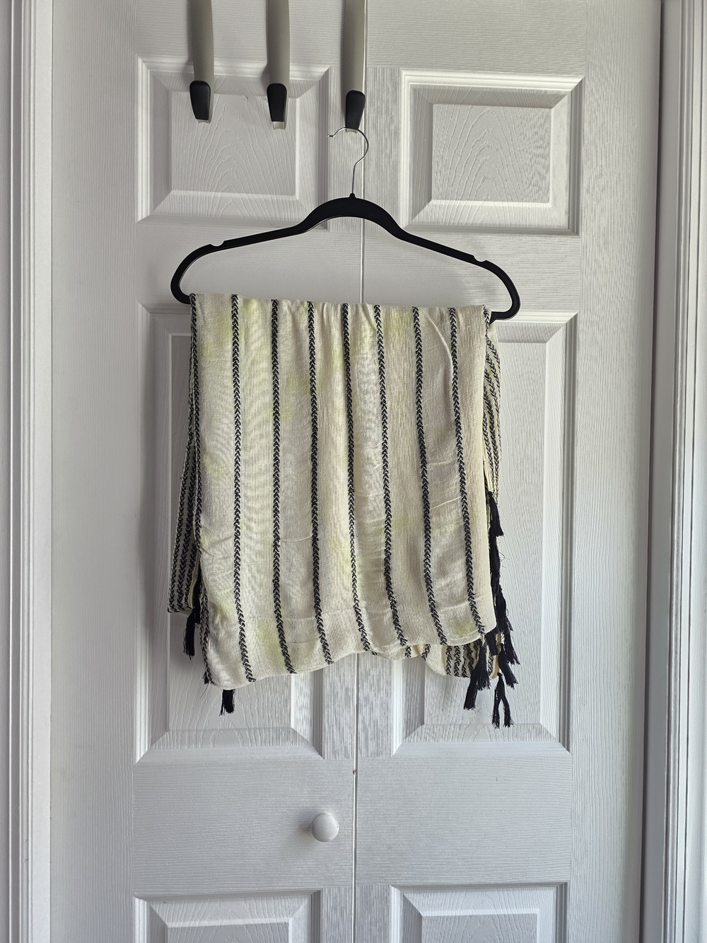 BCBGMaxAzria Cream And Green Striped Infinity Scarf With Black Tassles OS